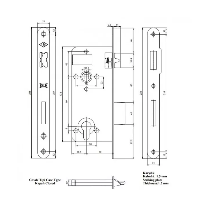 SERRURE ENCASTRABLE GRAND TROU 152T50 KALE KILIT