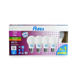 PACK DE 3 LAMPES LED A60 DOUILLE E27/9W/3000K AVEC 1 GRATUITE LUMIERE JAUNE ADES