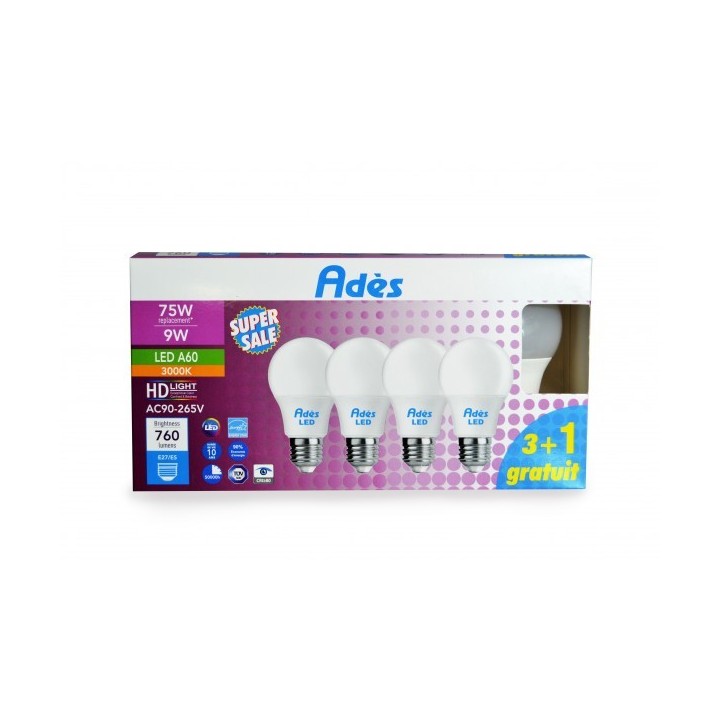 PACK DE 3 LAMPES LED A60 DOUILLE E27/9W/3000K AVEC 1 GRATUITE LUMIERE JAUNE ADES PACK DE 3 LAMPES LED A60 DOUILLE E27/9W/3000K AVEC 1 GRATUITE LUMIERE JAUNE ADES