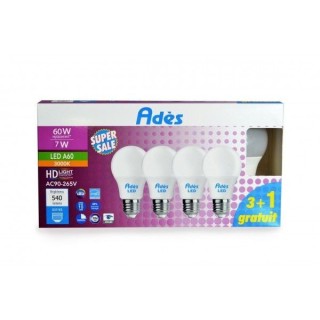 PACK DE 3 LAMPES LED A60 E27 7W 3000K AVEC 1 GRATUITE LUMIÈRE JAUNE ADÈS