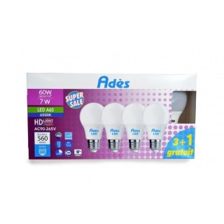 PACK DE 3 LAMPES LED A60 E27 7W 6500K AVEC 1GRATUITE LUMIÈRE BLANCHE ADÈS