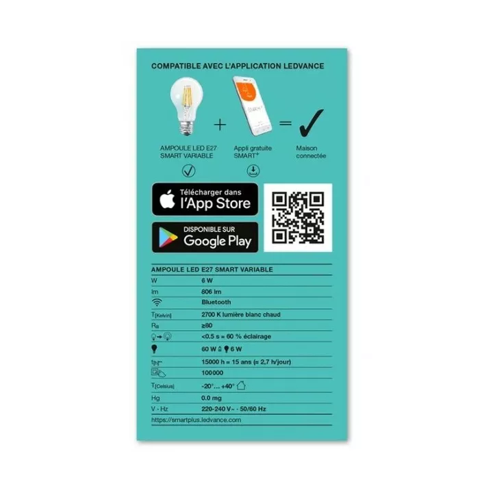 LAMPE LED CONNECTÉE SMART AVEC BLUETOOTH 6W LUMIÈRE BLANC CHAUD 2700K E27 OSRAM LEDVANCE LAMPE LED CONNECTÉE SMART AVEC BLUETOOTH 6W LUMIÈRE BLANC CHAUD 2700K E27 OSRAM LEDVANCE