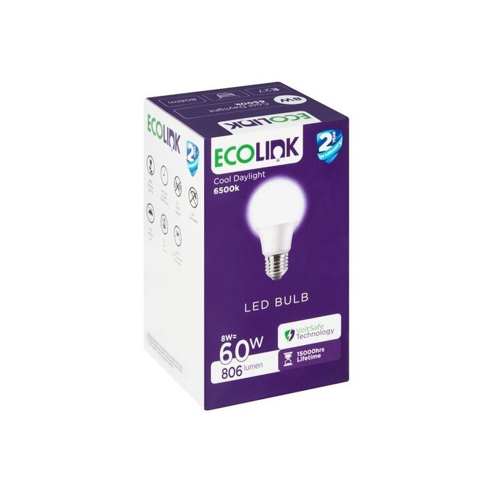 LAMPE LED STANDARD 8W E27 LUMIÈRE BLANCHE ECOLINK