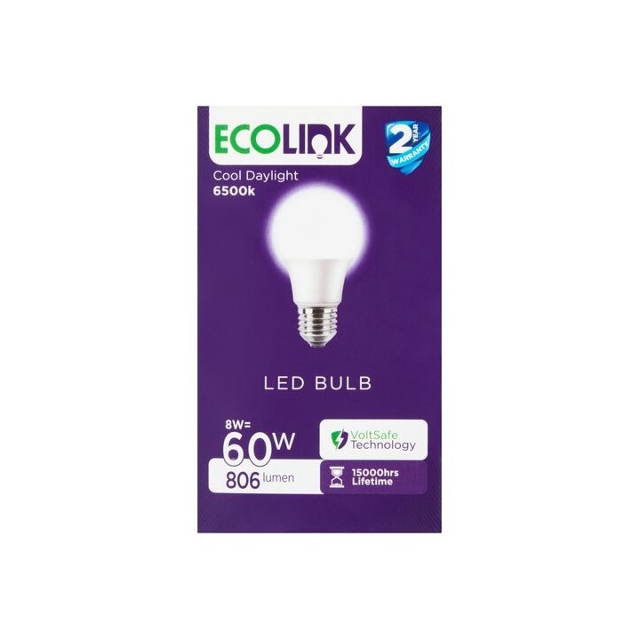 LAMPE LED STANDARD 8W E27 LUMIÈRE BLANCHE ECOLINK