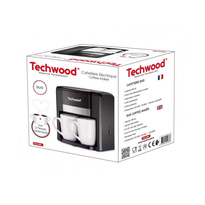 CAFETIÈRE ÉLECTRIQUE NOIR DUO AVEC 2 TASSES EN CÉRAMIQUES TECHWOOD