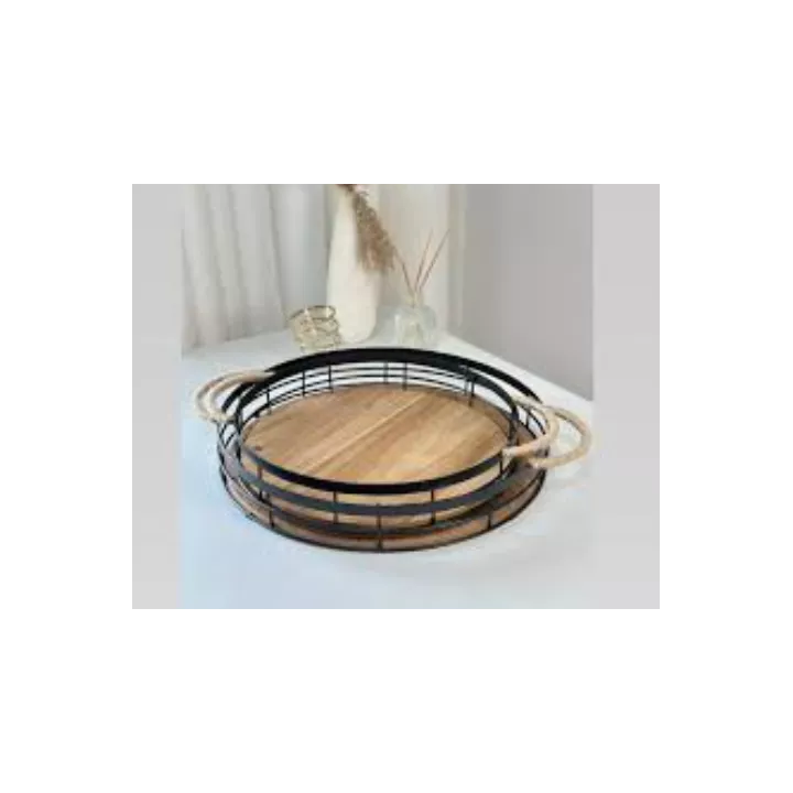 SET DE 2 PLATEAUX BOIS ET METAL ROND