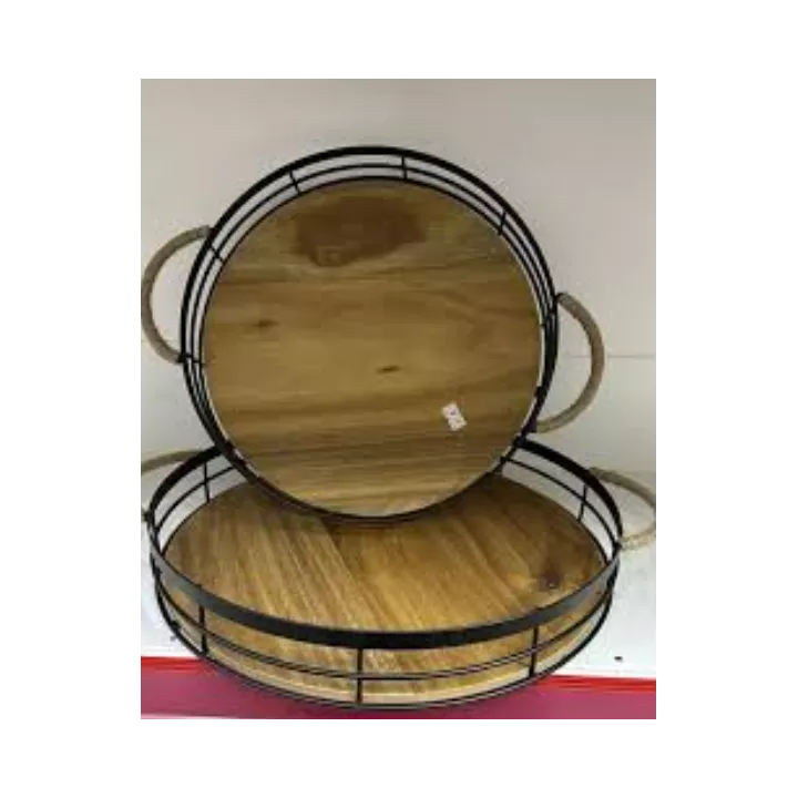 SET DE 2 PLATEAUX BOIS ET METAL ROND