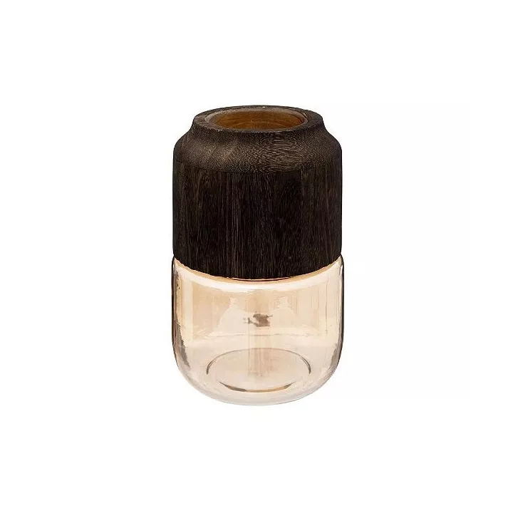 VASE EN VERRE FUMÉ ET BOIS 23*11CM