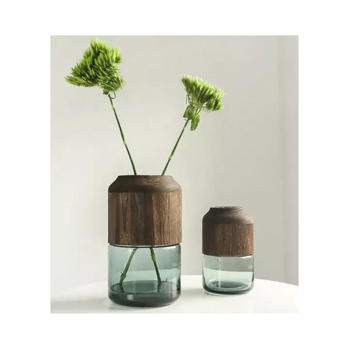 VASE EN VERRE FUMÉ ET BOIS 23*11CM