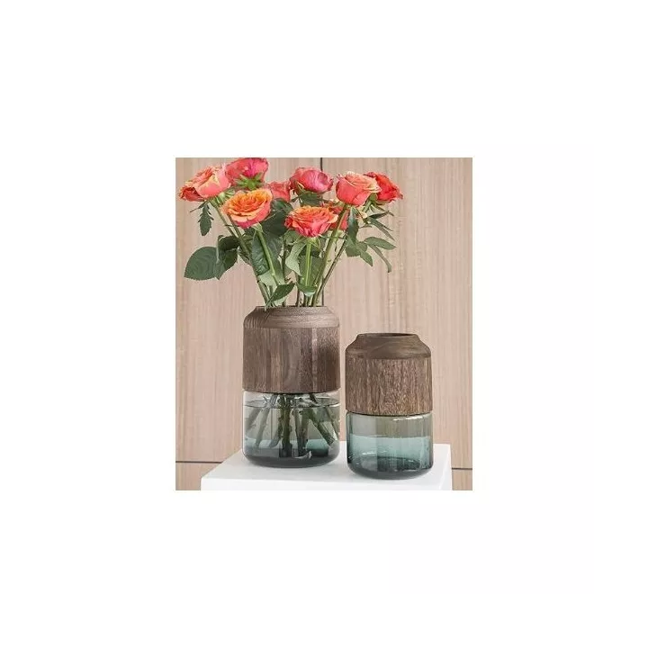 VASE EN VERRE FUMÉ ET BOIS 23*11CM