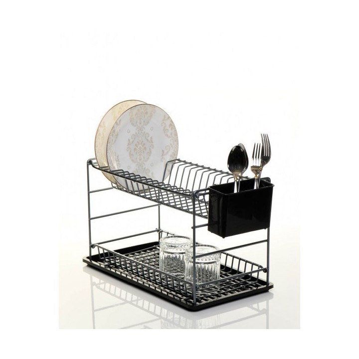 ÉGOUTTOIR À VAISSELLE PORTABLE À DEUX NIVEAUX GRIS AVEC PLATEAU NOIR (50 CM) ZENSAN
