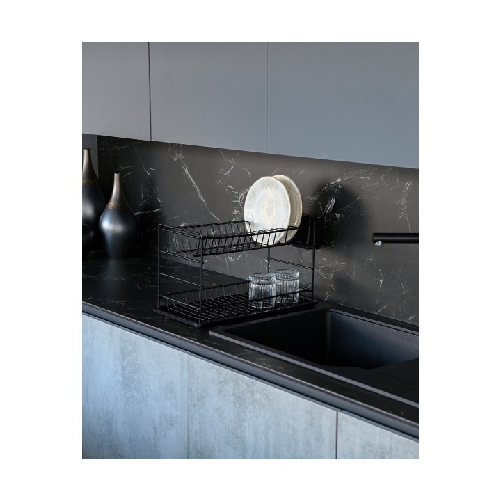 ÉGOUTTOIR À VAISSELLE PORTABLE À DEUX NIVEAUX NOIR AVEC PLATEAU NOIR (50 CM) ZENSAN ÉGOUTTOIR À VAISSELLE PORTABLE À DEUX NIVEAUX NOIR AVEC PLATEAU NOIR (50 CM) ZENSAN