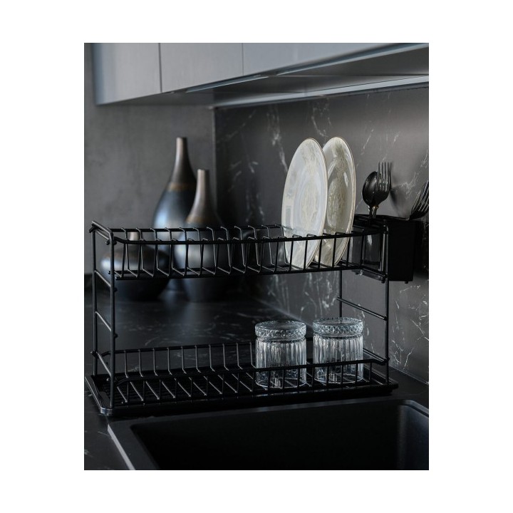 ÉGOUTTOIR À VAISSELLE PORTABLE À DEUX NIVEAUX NOIR AVEC PLATEAU NOIR (50 CM) ZENSAN ÉGOUTTOIR À VAISSELLE PORTABLE À DEUX NIVEAUX NOIR AVEC PLATEAU NOIR (50 CM) ZENSAN