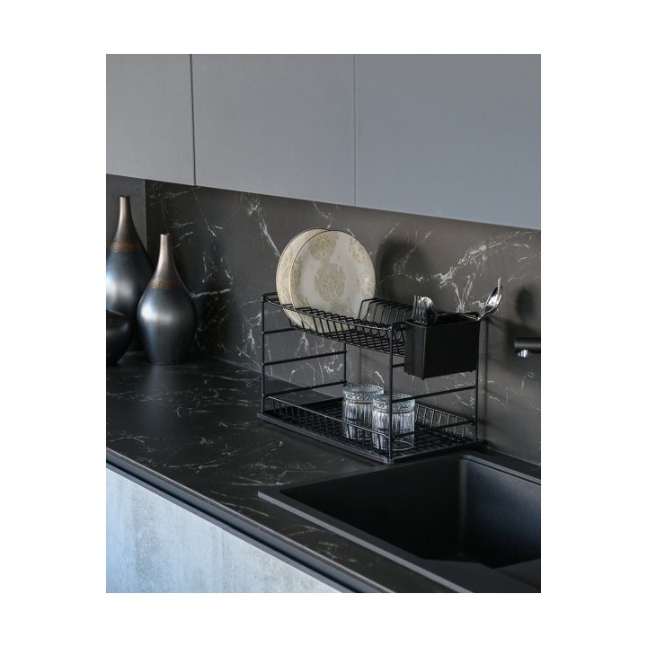 ÉGOUTTOIR À VAISSELLE PORTABLE À DEUX NIVEAUX NOIR AVEC PLATEAU NOIR (50 CM) ZENSAN ÉGOUTTOIR À VAISSELLE PORTABLE À DEUX NIVEAUX NOIR AVEC PLATEAU NOIR (50 CM) ZENSAN