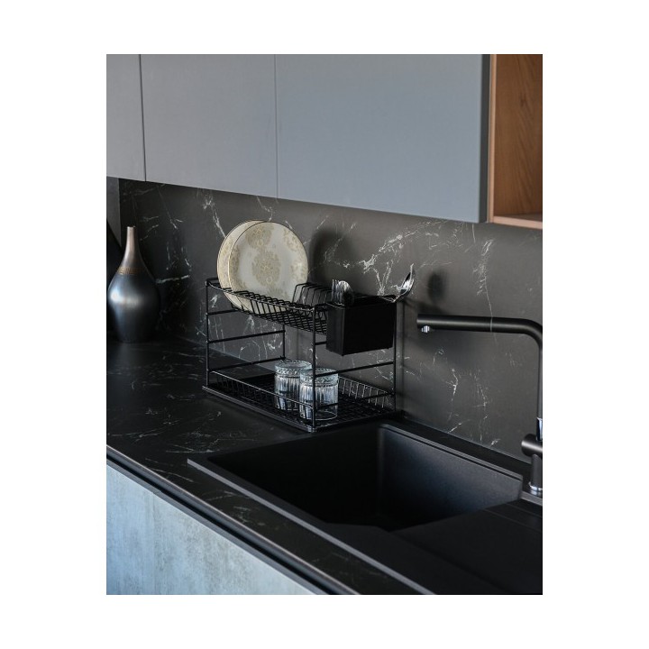 ÉGOUTTOIR À VAISSELLE PORTABLE À DEUX NIVEAUX NOIR AVEC PLATEAU NOIR (50 CM) ZENSAN ÉGOUTTOIR À VAISSELLE PORTABLE À DEUX NIVEAUX NOIR AVEC PLATEAU NOIR (50 CM) ZENSAN