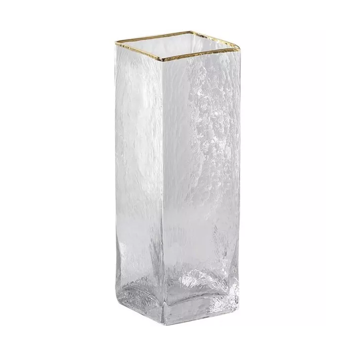 VASE CARRÉ EN VERRE H25 CM AVEC BORDURE DORÉE VASE CARRÉ EN VERRE H25 CM AVEC BORDURE DORÉE
