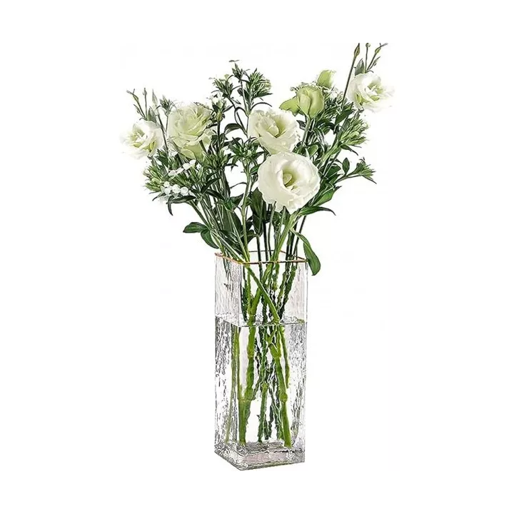 VASE CARRÉ EN VERRE H25 CM AVEC BORDURE DORÉE VASE CARRÉ EN VERRE H25 CM AVEC BORDURE DORÉE