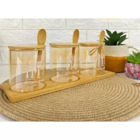 LOT DE 3 POTS À ÉPICES AVEC SUPPORT EN BOIS