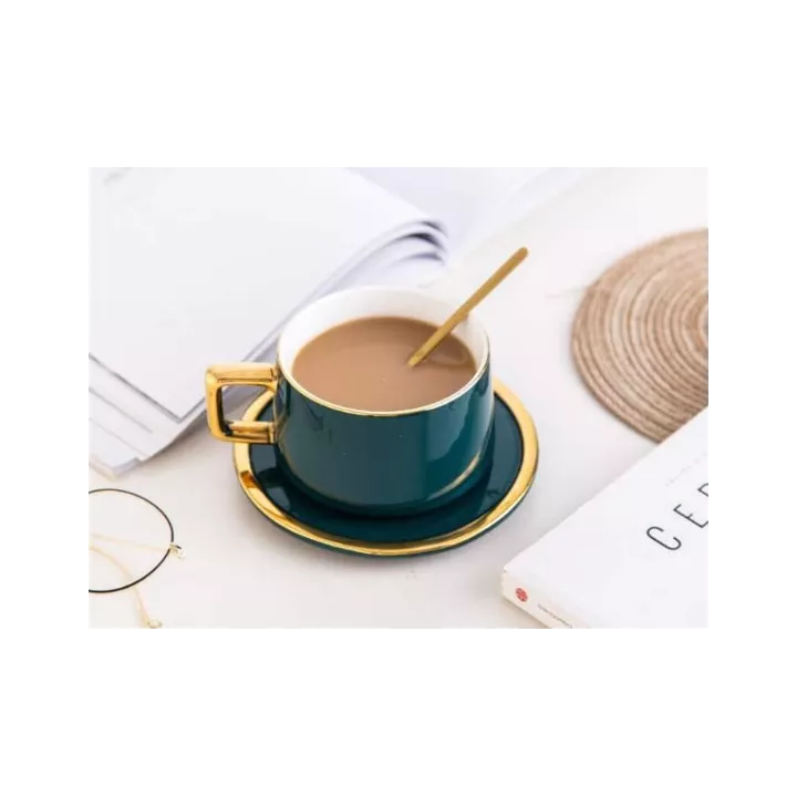 TASSE EN CÉRAMIQUE AVEC SOUCOUPE ET CUILLÈRE COULEURS