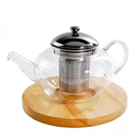 THÉIÈRE EN VERRE COUVERCLE EN MÉTAL ET PLATEAU EN BOIS 600ML