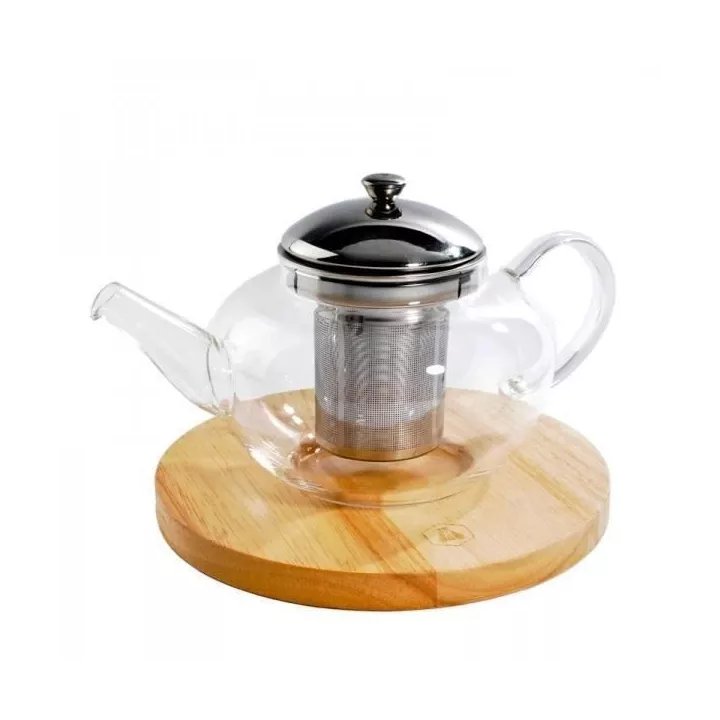 THÉIÈRE EN VERRE COUVERCLE EN MÉTAL ET PLATEAU EN BOIS 600ML