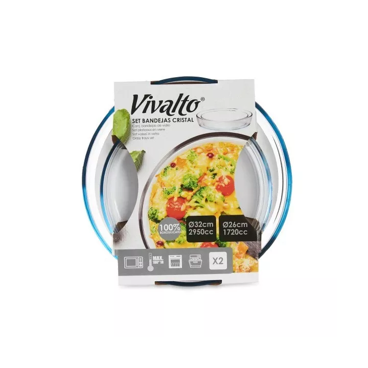 LOT DE 2 PLATS À FOUR ROND EN VERRE TRANSPARENT VIVALTO