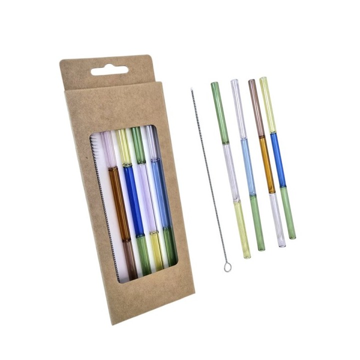 LOT DE 4 PAILLES EN VERRE MULTICOLORES AVEC GOUPILLON