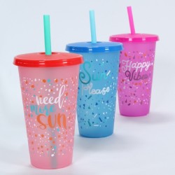 GOBELET AVEC COUVERCLE ET PAILLE EN PLASTIQUE COULEURS 650ML