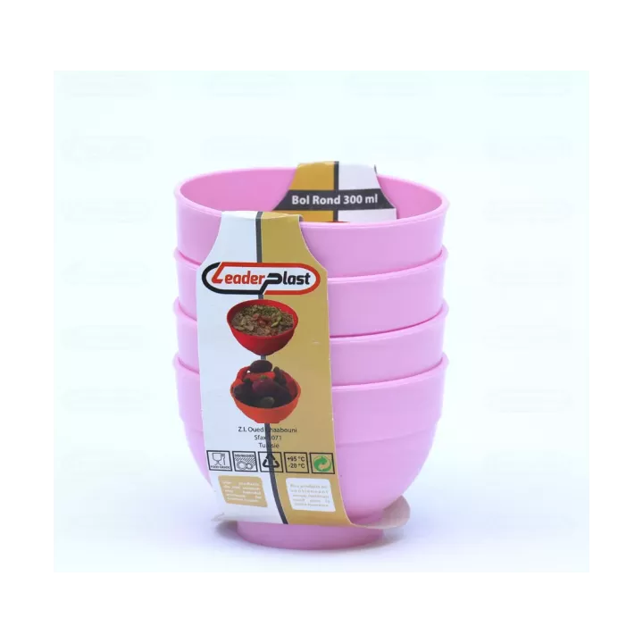 LOT DE 4 BOLS RONDS EN PLASTIQUE 300 ML COULEURS LEADERPLAST