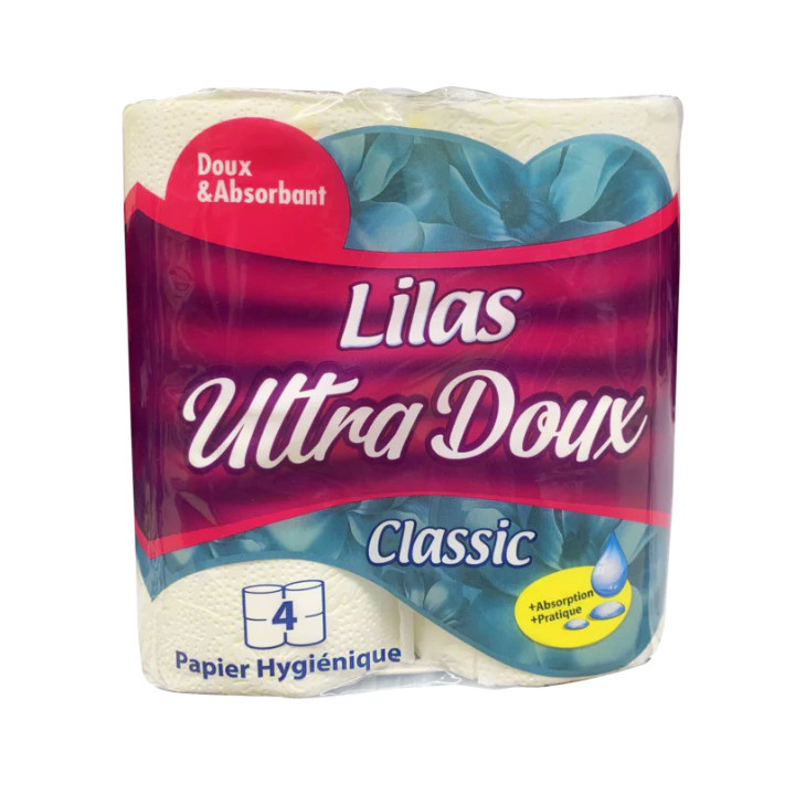 LOT DE 4 ROULEAUX DE PAPIER HYGIENIQUE ULTRA DOUX LILAS