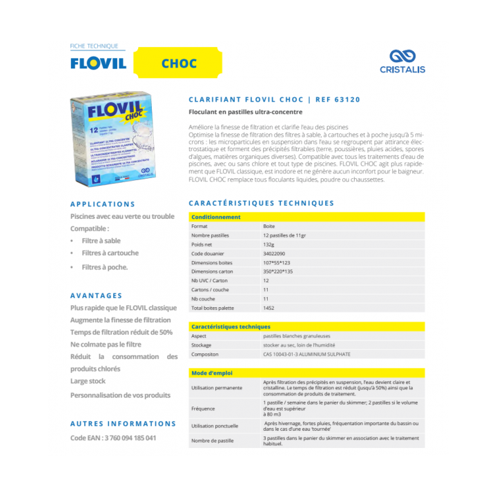 CLARIFIANT DE PISCINE 12 PASTILLES FLOVIL CHOC CLARIFIANT DE PISCINE 12 PASTILLES FLOVIL CHOC