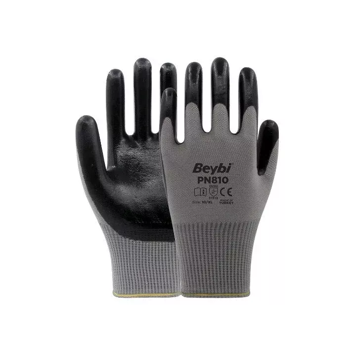 Gants de travail enduits nitrile PN810 gris et noir T9/T10