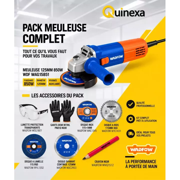 Pack meuleuse complet 125 mm 850 W avec disques et protections