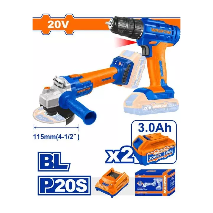 Kit Perceuse + Meuleuse 20 V WADFOW WCK20512