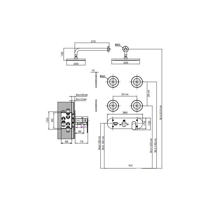 KIT MITIGEUR DE DOUCHE ENCASTRÉ AVEC HYDROMASSAGE 4 BUSES CYLINDRIQUES SFAX SOPAL