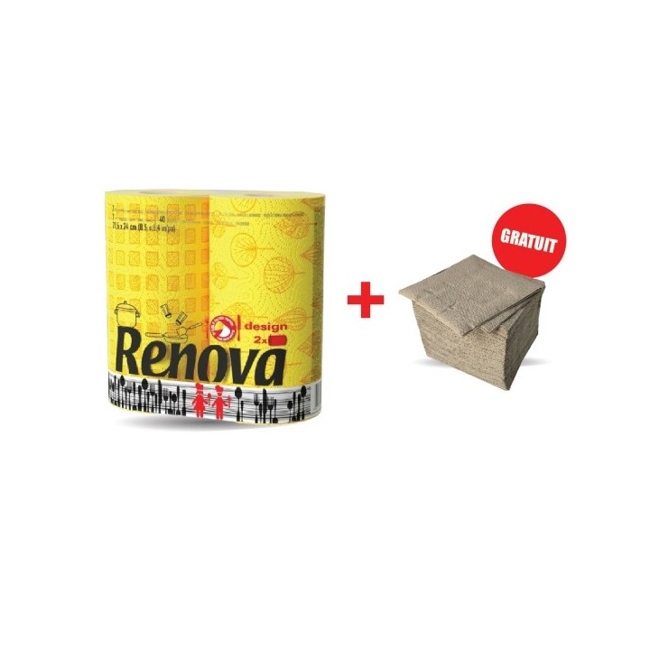 LOT DE 2 ROULEAUX ESSUIE-TOUT JAUNE + SERVIETTE EN PAPIER GRATUIT RENOVA