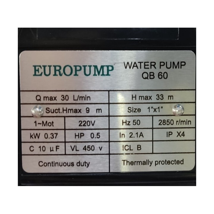 POMPE PÉRIPHÉRIQUE QB60-M MONOPHASÉ 0.5CV EUROPUMP POMPE PÉRIPHÉRIQUE QB60-M MONOPHASÉ 0.5CV EUROPUMP