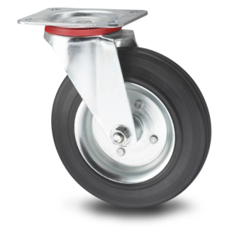 ROUE PIVOTANTE Ø200MM AVEC AVEC PLAQUE ET ROUE EN CAOUTCHOUC NOIR